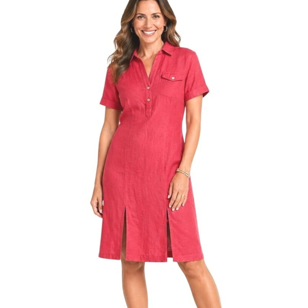 Talbots Red Linen Blend Short Sleeve Button Front Shirt Dress Size 4 Pleated Hem